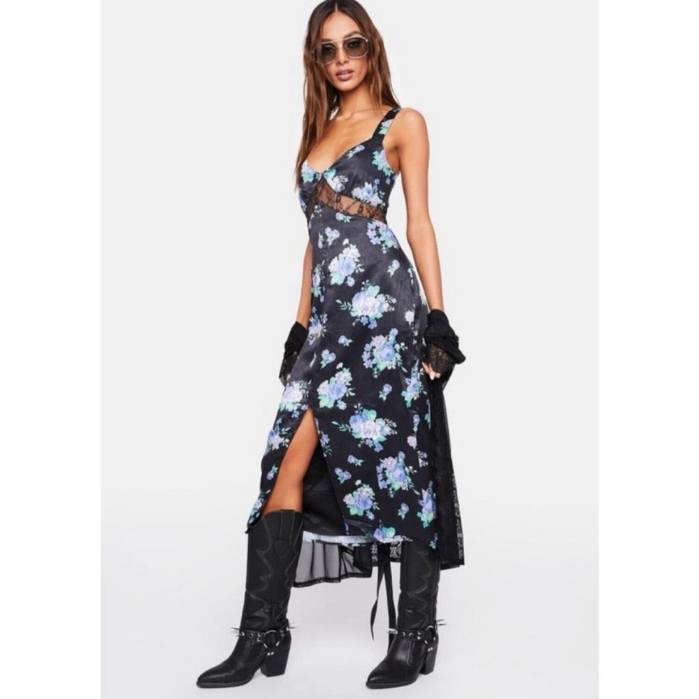 WeWoreWhat Golden Hour Dark Floral Satin Slip Lace Midi Dress